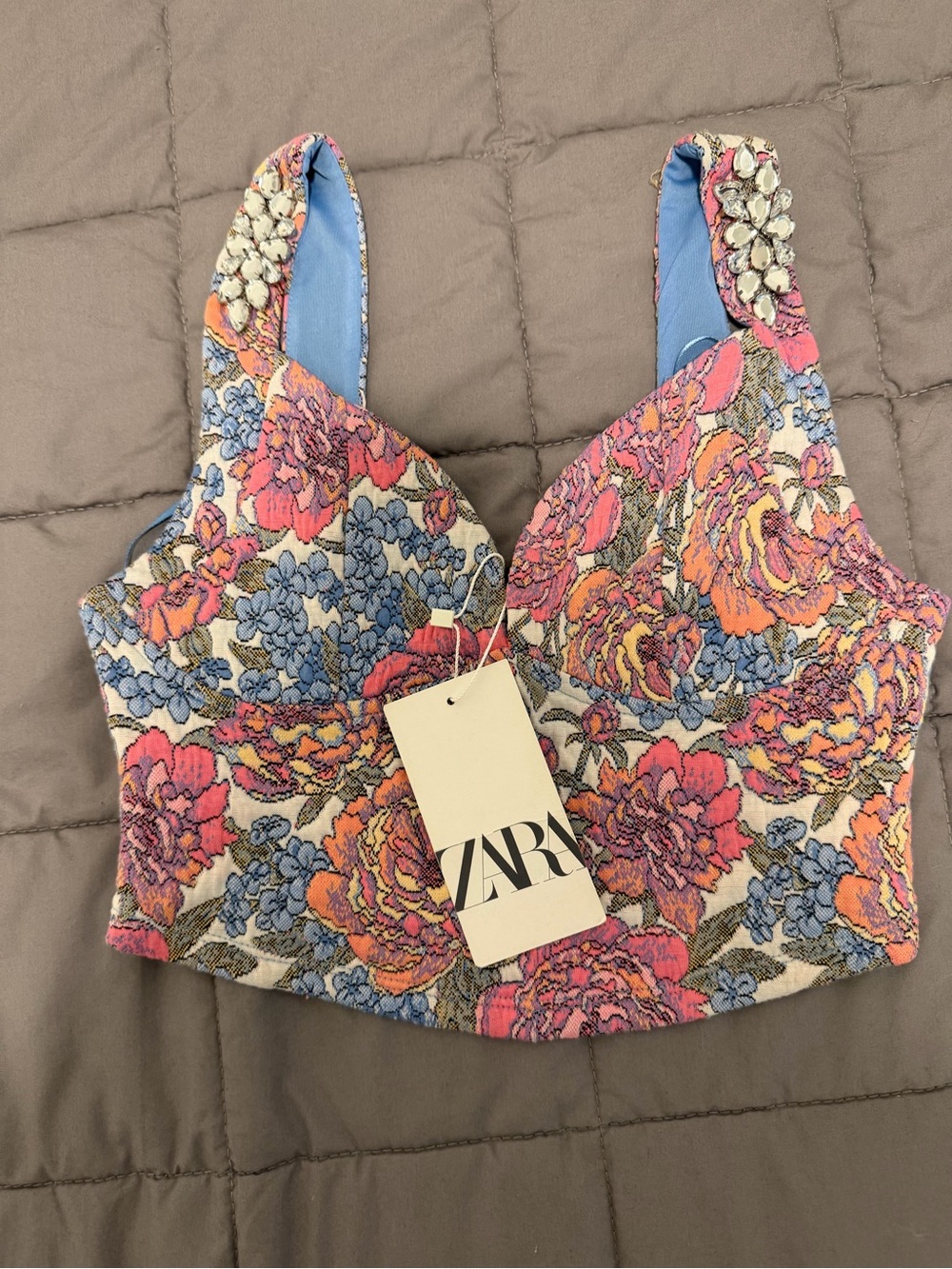 Zara Floral Jacquard Embellished Bustier Crop Top NWT Size M